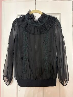 Black Ruffled Neck Sheer Floral-Trim Blouse